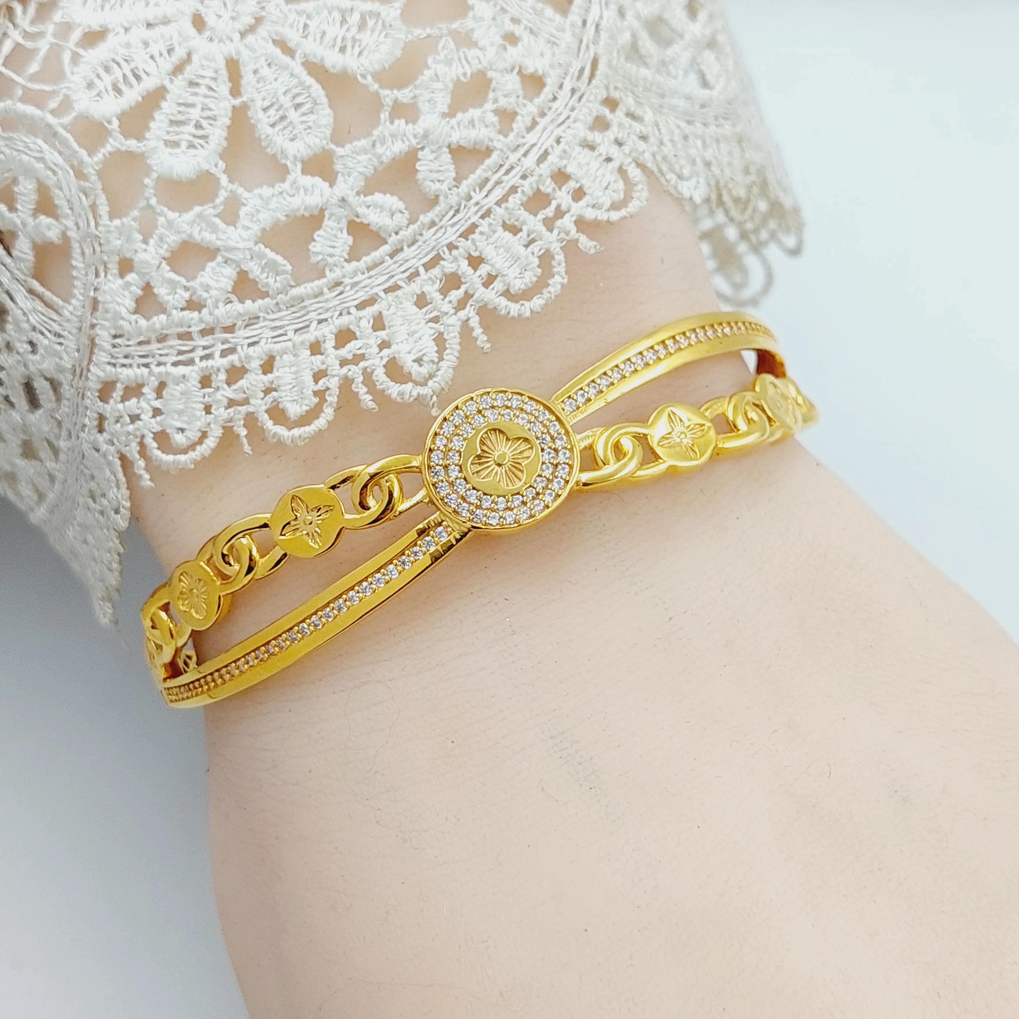 Zircon Studded Rose Bangle Bracelet